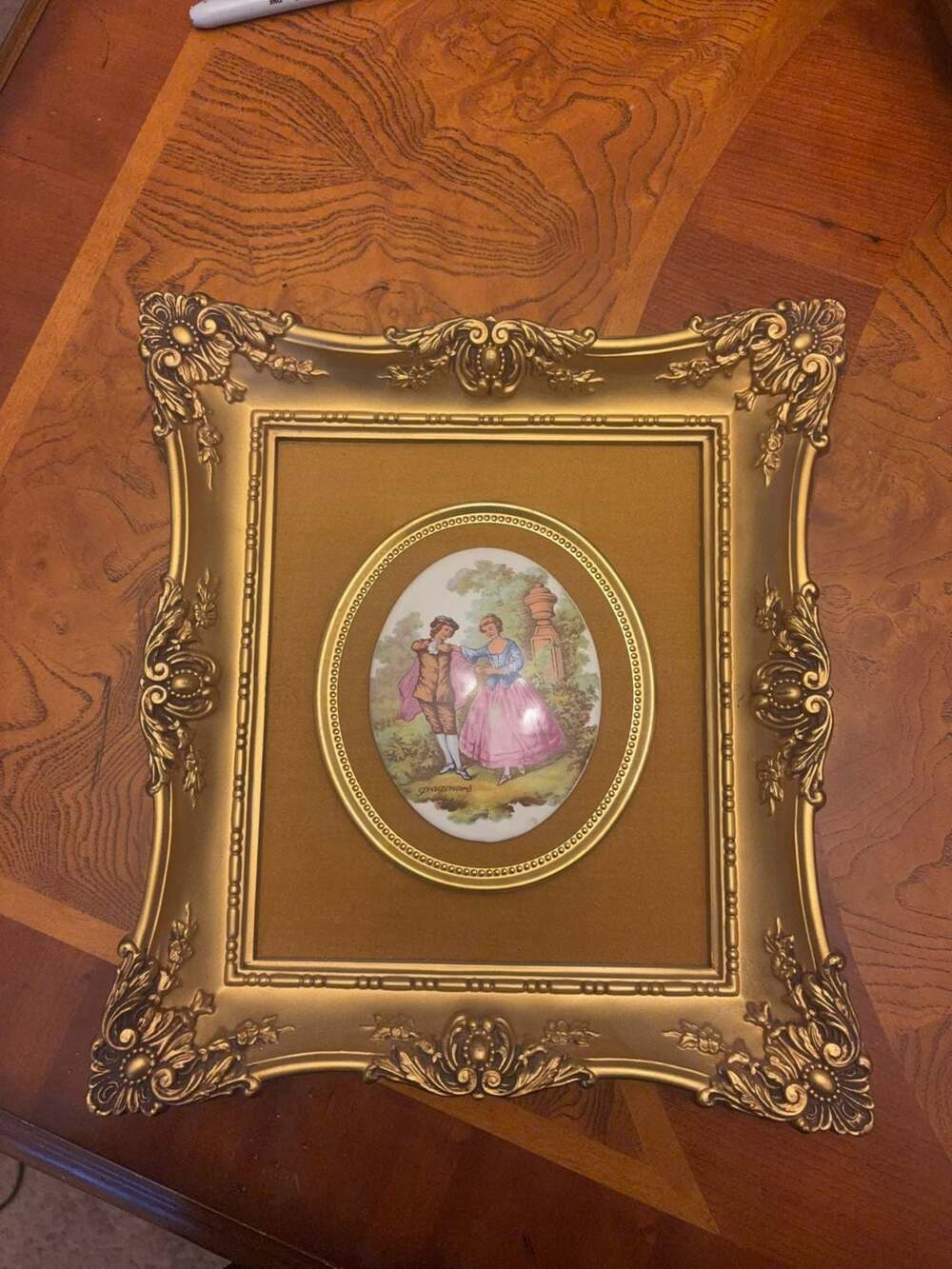 Vintage B&S Creations Fragonard Courting Couple Porcelain Plaque in Ornate Gold